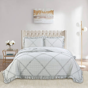 Lush Ruffled Textured Shabby Chic Embroidered Stitching Coverlet Bedspread Ultra Soft Solid 3 Piece Summer Quilt Set with 2 Quilted Shams, Light Grey