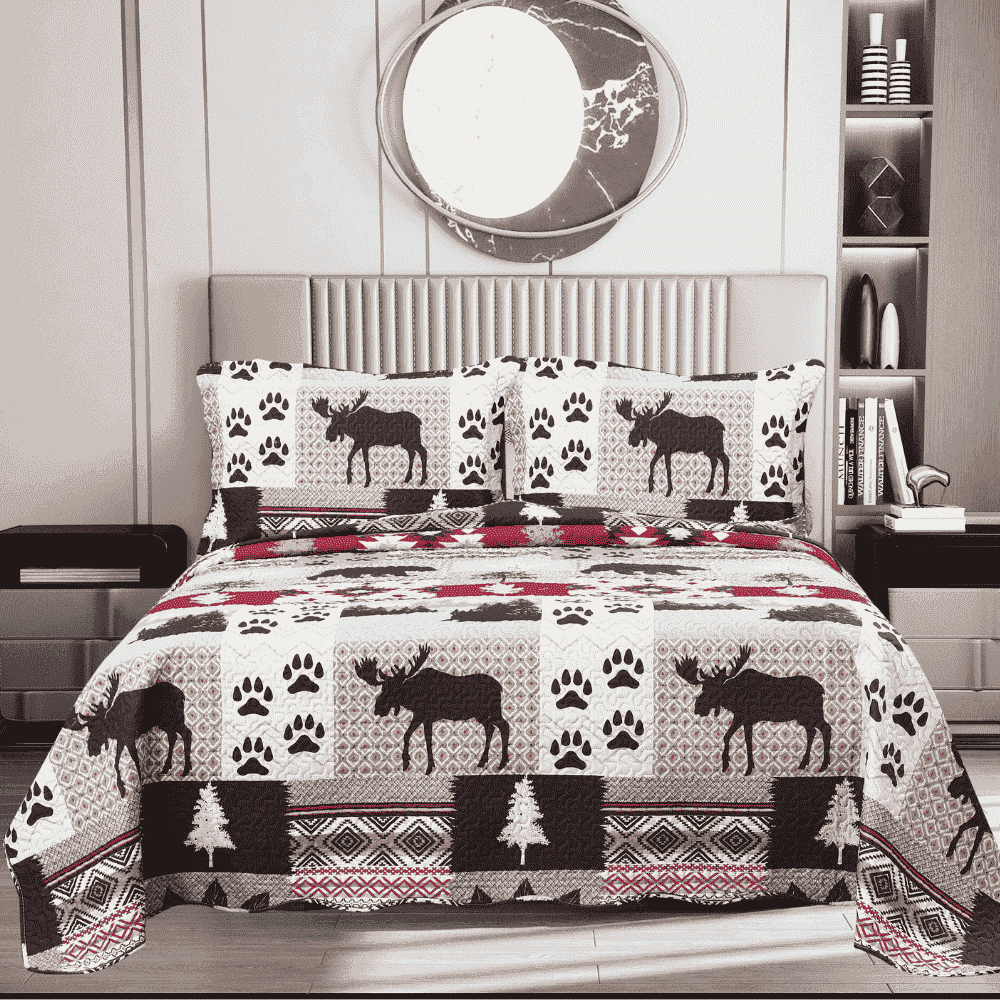 Cabin Moose Bear Pattern Marina Decoration Printed Embossed Pinsonic 2 Piece Summer Quilt Set with 1 Quilted Sham