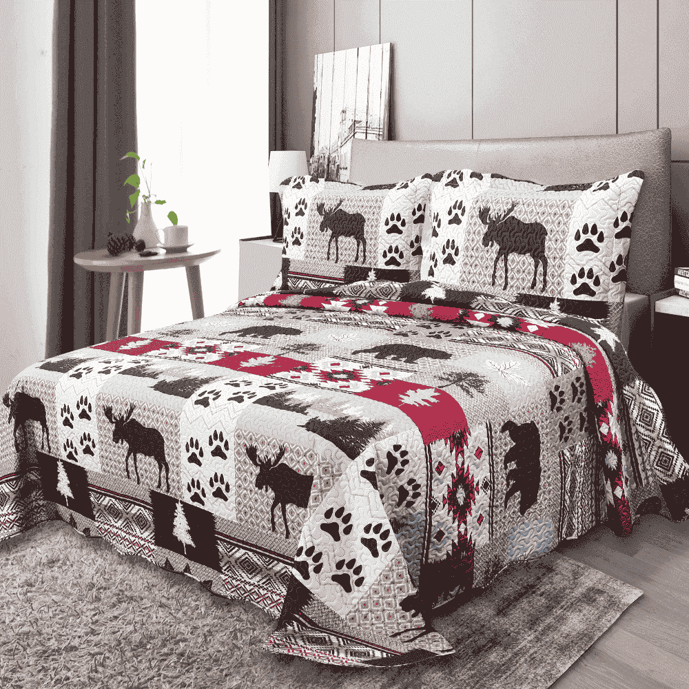 Printed Coverlet Bedspread Quilt Set, Cabin Moose Bear Twin/Single