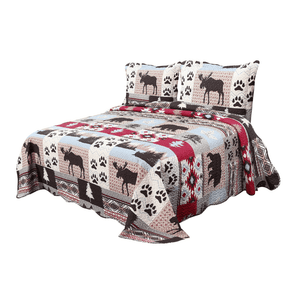 Cabin Moose Bear Pattern Marina Decoration Printed Embossed Pinsonic 2 Piece Summer Quilt Set with 1 Quilted Sham