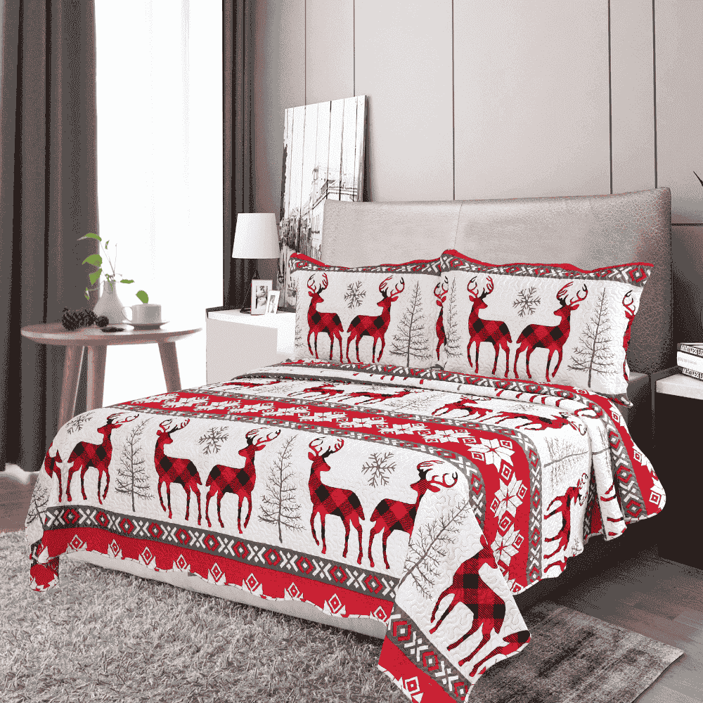 Marina Decoration Rich Printed Embossed Pinsonic Coverlet Bedspread 2 Piece Summer Quilt Set with 1 Quilted Sham, Chrismas Snowflake and Deer Pattern