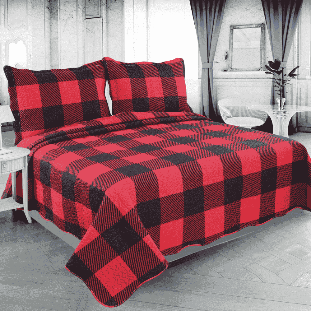Red Black Buffalo Plaid Pattern Embossed Pinsonic 2 Piece Summer Quilt Set with 1 Quilted Sham