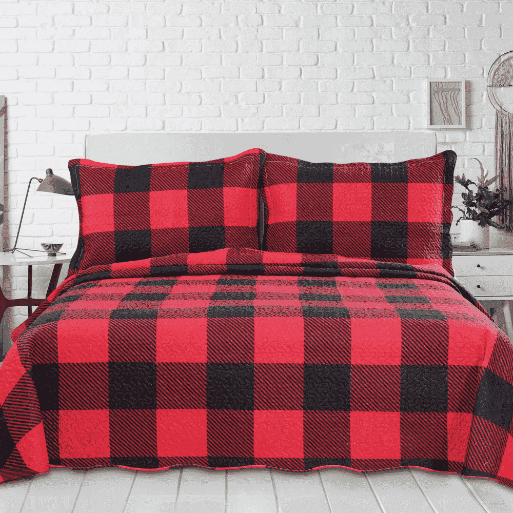 Red Black Buffalo Plaid Pattern Embossed Pinsonic 2 Piece Summer Quilt Set with 1 Quilted Sham