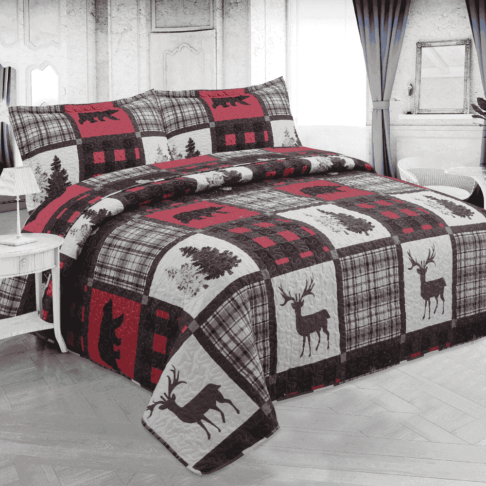 Printed Bedspread Quilt Set, Cottage Bear Reindeer Plaid Twin