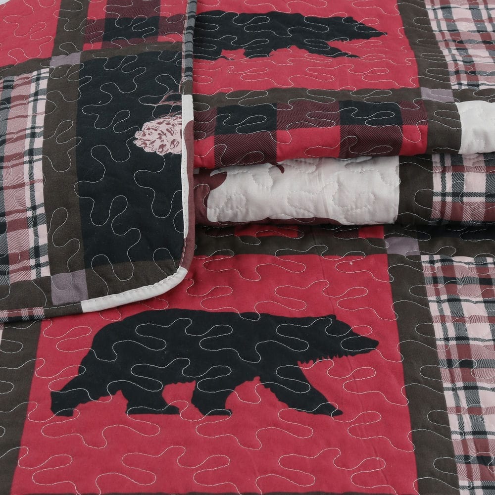 Cottage Bear Reindeer Plaid Pattern Stitching 2 Piece Summer Quilt Set with 1 or 2 Quilted Sham