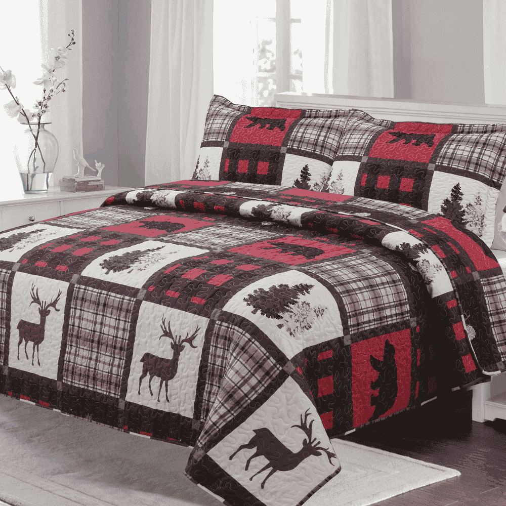 Cottage Bear Reindeer Plaid Pattern Stitching 2 Piece Summer Quilt Set with 1 or 2 Quilted Sham