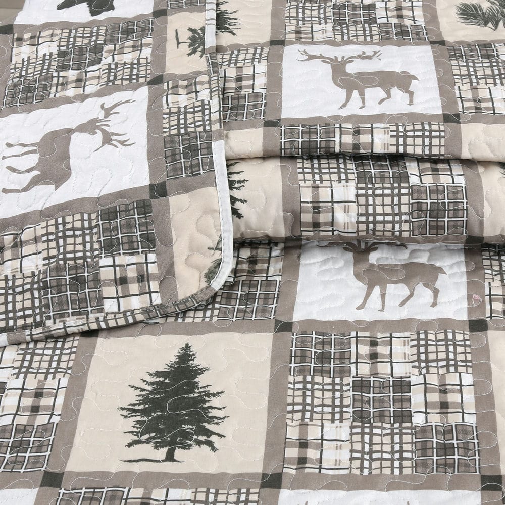 Cottage Taupe Bear Deer Tree Plaid Pattern 2 Piece Summer Quilt Set with 1 or 2 Quilted Shams