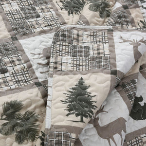 Cottage Taupe Bear Deer Tree Plaid Pattern 2 Piece Summer Quilt Set with 1 or 2 Quilted Shams