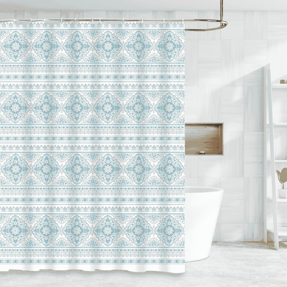 Aqua Floral Damask Pattern Waterproof Decor Luxury Soft Rich Printed Design Shower Curtain with Roller Hooks