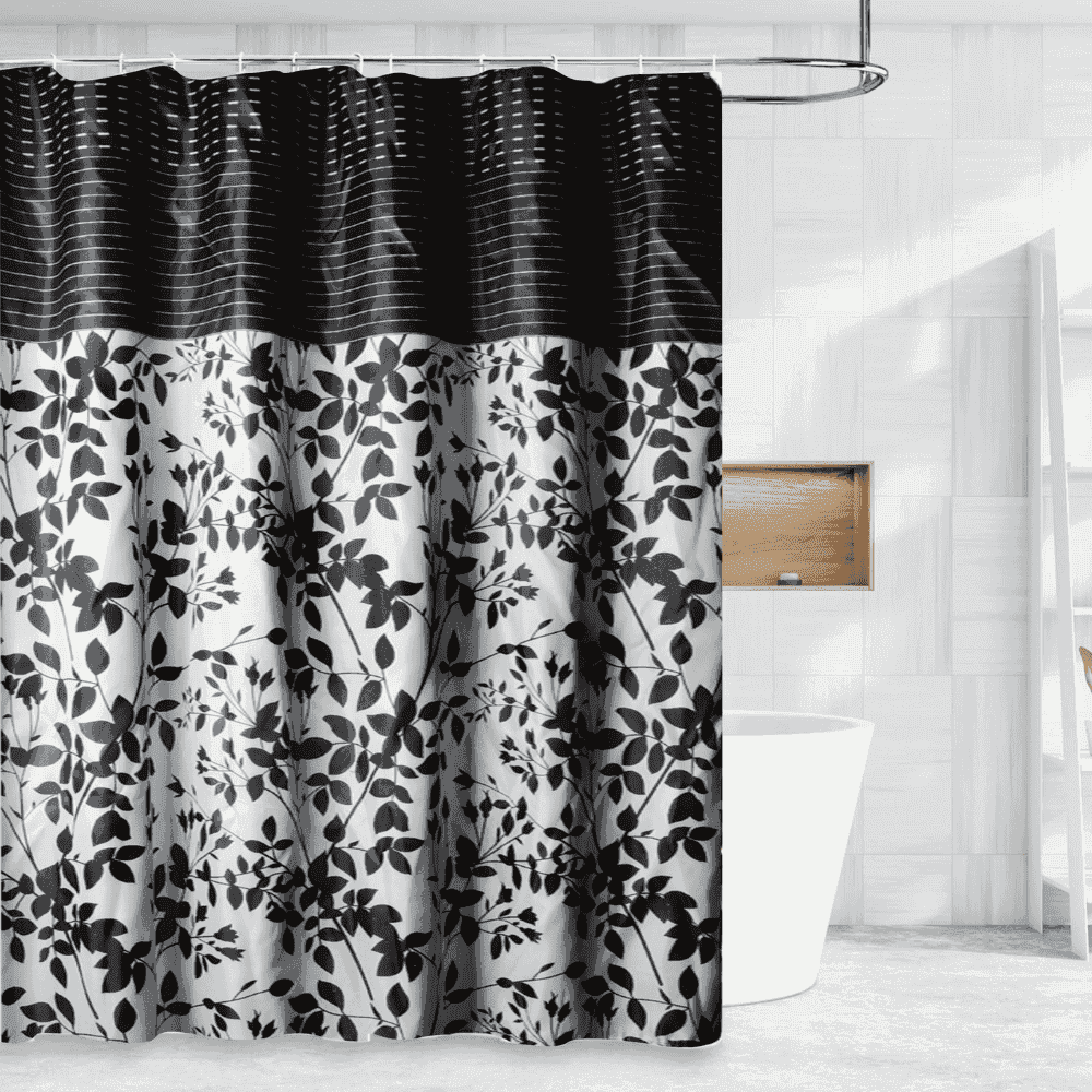 Black Leaves Branches Pattern Waterproof Decor Luxury Soft Rich Printed Design Shower Curtain with Roller Hooks