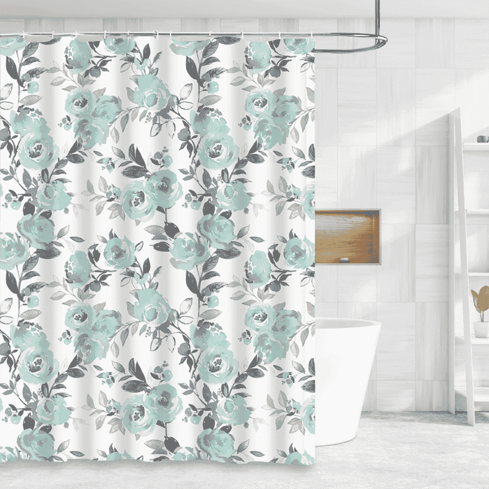 Green Floral Pattern Waterproof Decor Luxury Soft Rich Printed Design Shower Curtain with Roller Hooks