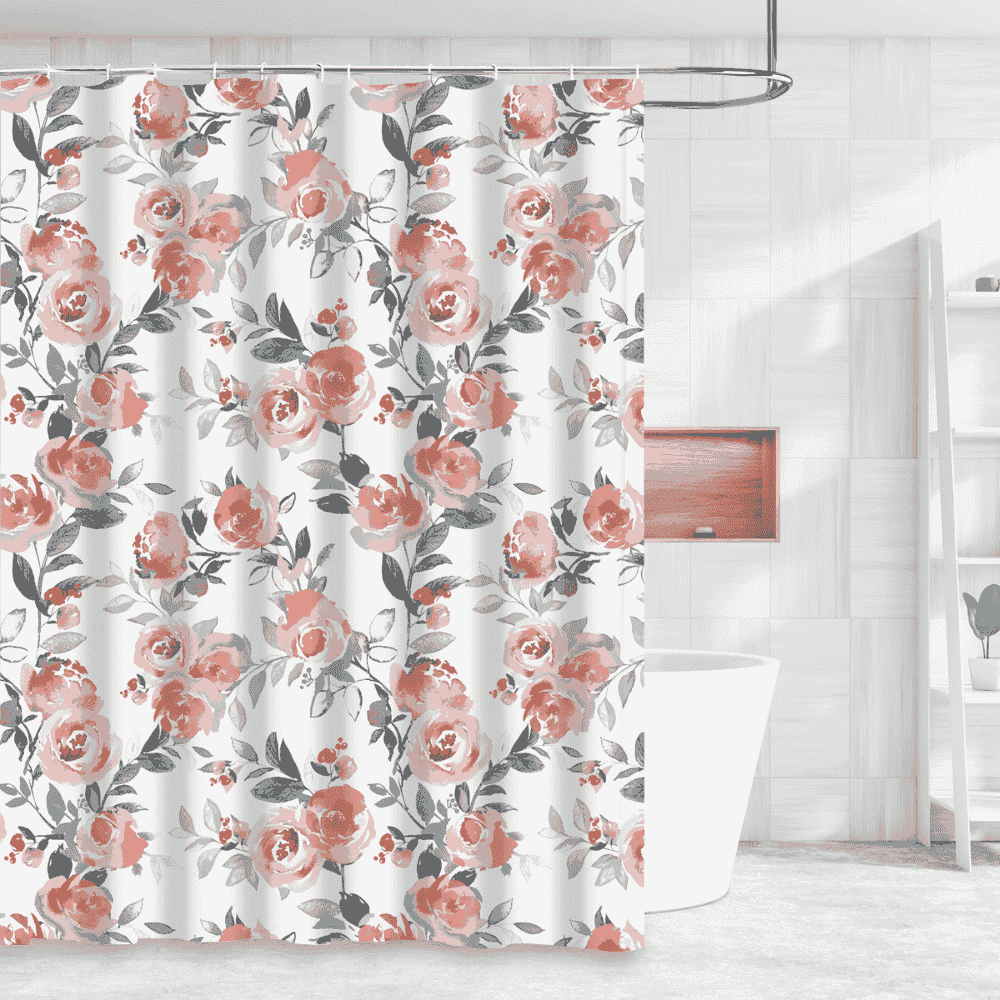 Pink Floral Pattern Waterproof Decor Luxury Soft Rich Printed Design Shower Curtain with Roller Hooks