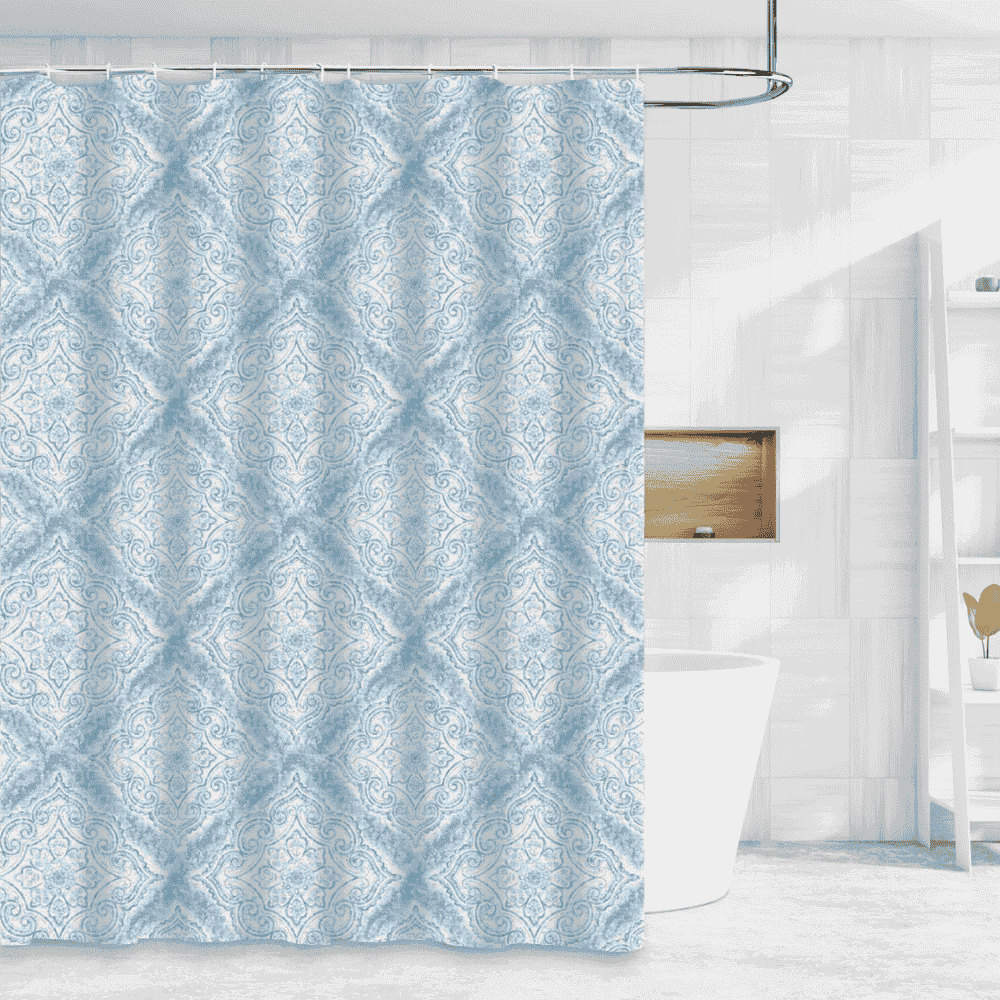 Teal Damask Pattern Waterproof Decor Luxury Soft Rich Printed Design Shower Curtain with Roller Hooks