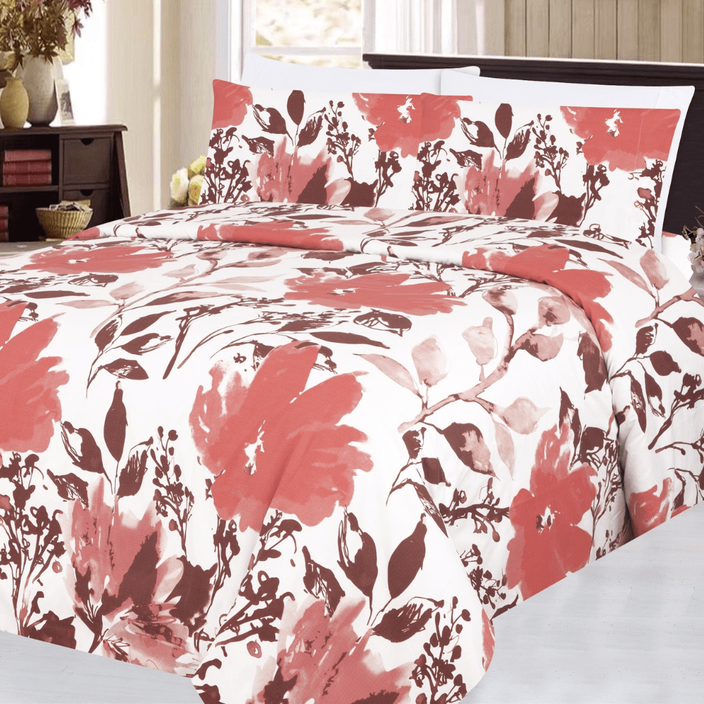 Ultra Soft Silky Zipper Rich Printed Rayon from Bamboo All Season 3 Pieces Duvet Cover Set with 2 Pillowcases, Pink Red Floral Pattern