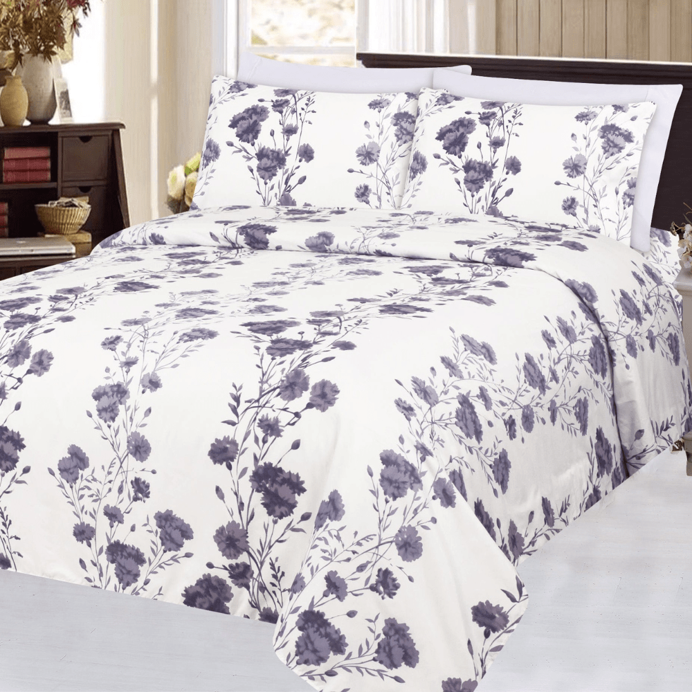 Ultra Soft Silky Zipper Rich Printed Rayon from Bamboo All Season 3 Pieces Duvet Cover Set with 2 Pillowcases, Purple Carnation Floral Pattern