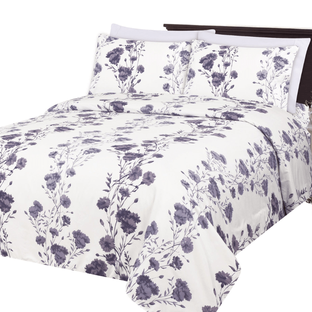 Ultra Soft Silky Zipper Rich Printed Rayon from Bamboo All Season 3 Pieces Duvet Cover Set with 2 Pillowcases, Purple Carnation Floral Pattern