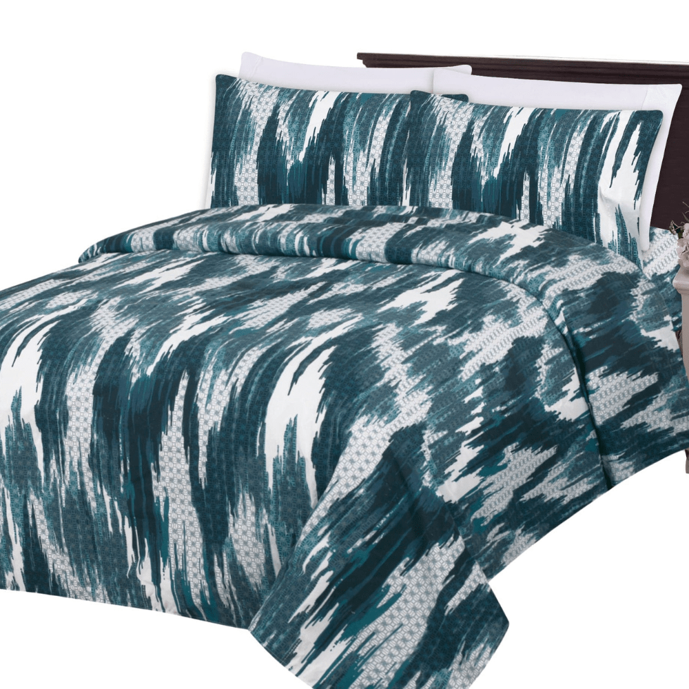 Ultra Soft Silky Zipper Rich Printed Rayon from Bamboo All Season 3 Pieces Duvet Cover Set with 2 Pillowcases, Modern Navy Blue Ikat Pattern