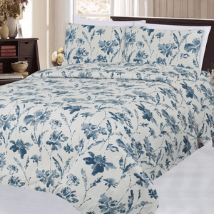 Ultra Soft Silky Zipper Rich Printed Rayon from Bamboo All Season 3 Pieces Duvet Cover Set with 2 Pillowcases, Blue Inkwash Floral Pattern