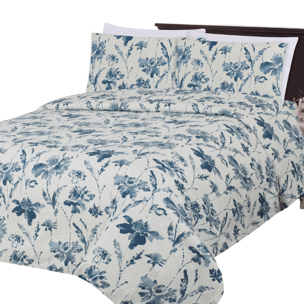 Ultra Soft Silky Zipper Rich Printed Rayon from Bamboo All Season 3 Pieces Duvet Cover Set with 2 Pillowcases, Blue Inkwash Floral Pattern