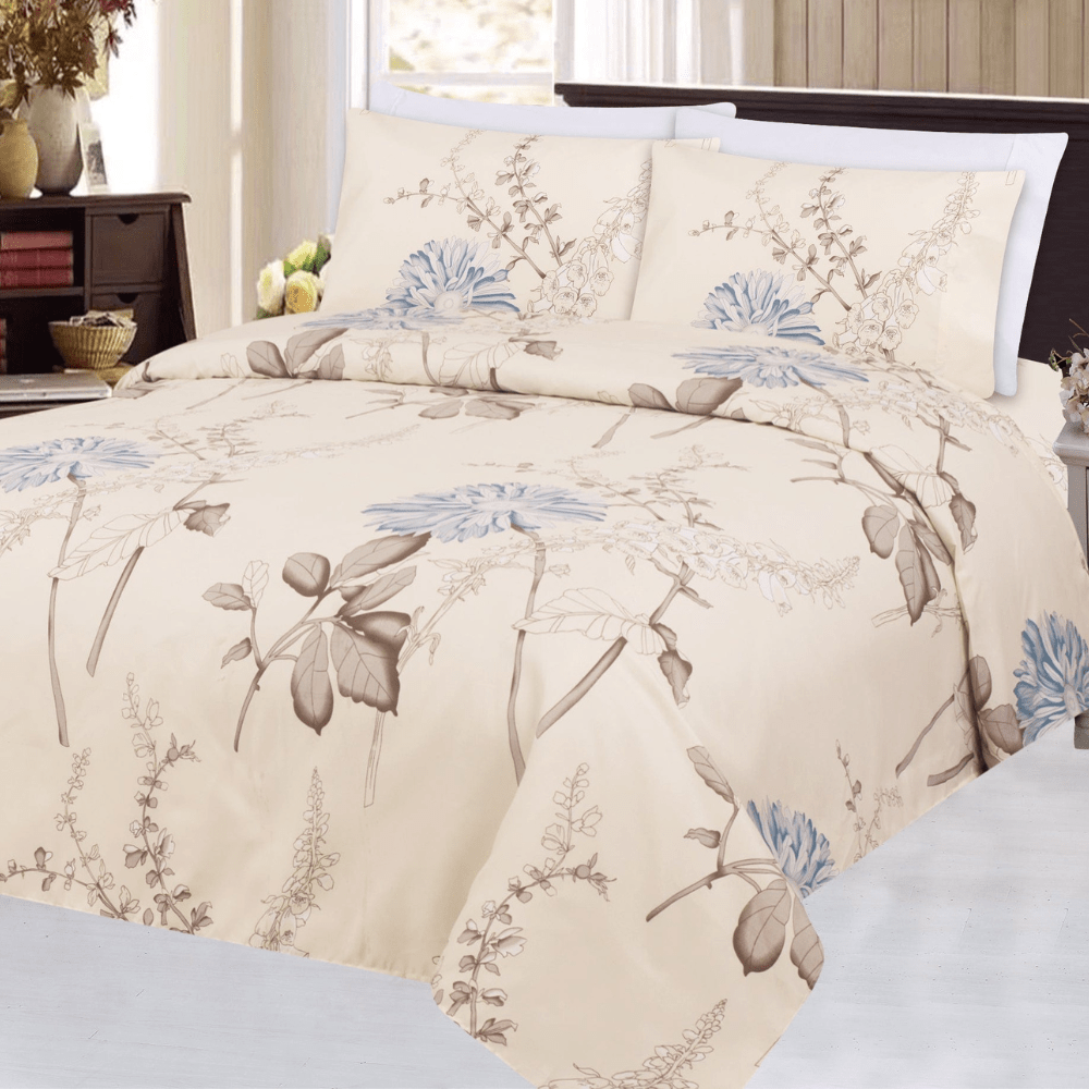 Ultra Soft Silky Zipper Rich Printed Rayon from Bamboo All Season 3 Pieces Duvet Cover Set with 2 Pillowcases, Blue Chrysanthemum Floral Pattern