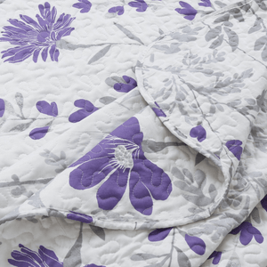 Rich Printed Stitching Coverlet Bedspread Ultra Soft 3 Piece Summer Quilt Set with 2 Quilted Shams, Modern Purple Floral Pattern