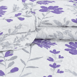 Rich Printed Stitching Coverlet Bedspread Ultra Soft 3 Piece Summer Quilt Set with 2 Quilted Shams, Modern Purple Floral Pattern