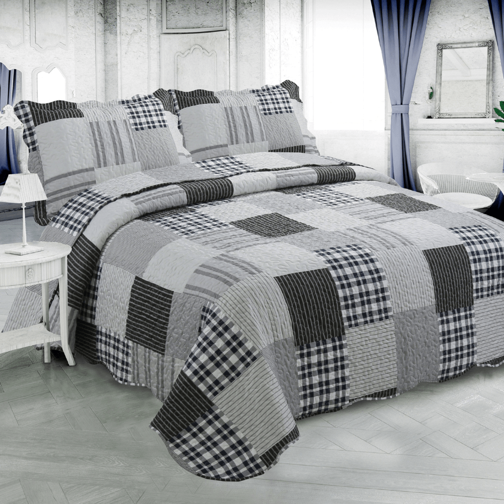 Rich Printed Stitching Coverlet Bedspread Ultra Soft 3 Piece Summer Quilt Set with 2 Quilted Shams, Modern Grey Plaid Pattern