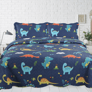 Rich Printed Stitching Coverlet Bedspread Ultra Soft 3 Piece Summer Quilt Set with 2 Quilted Shams, Dinosaur Zoo with Navy Blue Pattern