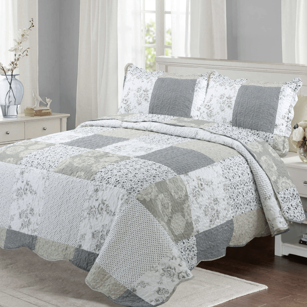 Rich Printed Stitching Coverlet Bedspread Ultra Soft 3 Piece Summer Quilt Set with 2 Quilted Shams, Floral and Polka Dot Plaid Pattern