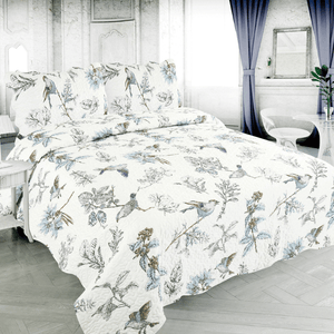 Rich Printed Stitching Coverlet Bedspread Ultra Soft 3 Piece Summer Quilt Set with 2 Quilted Shams, Modern Bird Branches and Leaves Pattern