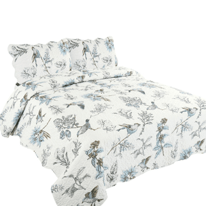 Rich Printed Stitching Coverlet Bedspread Ultra Soft 3 Piece Summer Quilt Set with 2 Quilted Shams, Modern Bird Branches and Leaves Pattern