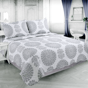 Rich Printed Stitching Coverlet Bedspread Ultra Soft 3 Piece Summer Quilt Set with 2 Quilted Shams, Grey Floral Circles Mandala Pattern