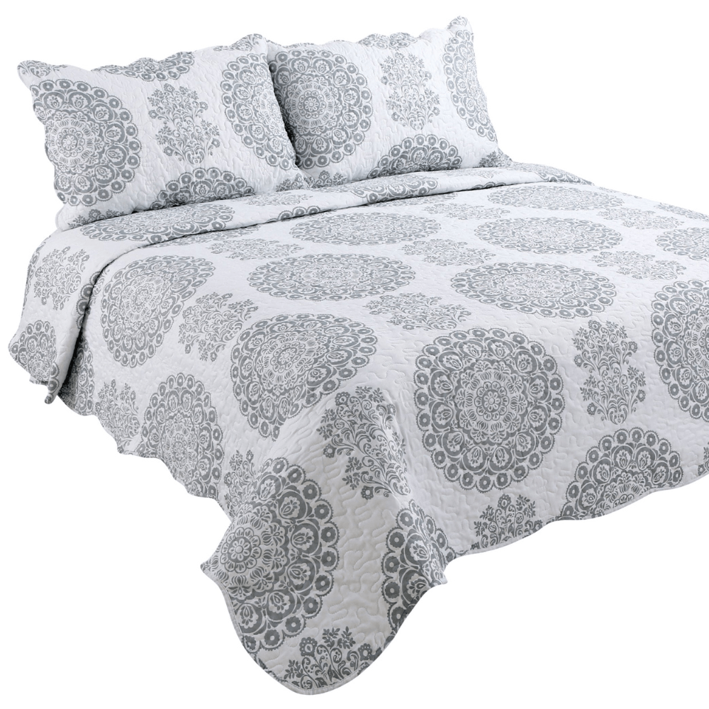 Rich Printed Stitching Coverlet Bedspread Ultra Soft 3 Piece Summer Quilt Set with 2 Quilted Shams, Grey Floral Circles Mandala Pattern