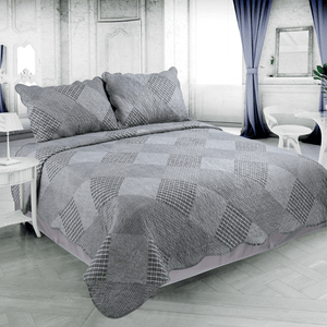 Rich Printed Stitching Coverlet Bedspread Ultra Soft 3 Piece Summer Quilt Set with 2 Quilted Shams, Grey Modern Grid and Stripes Plaid Pattern