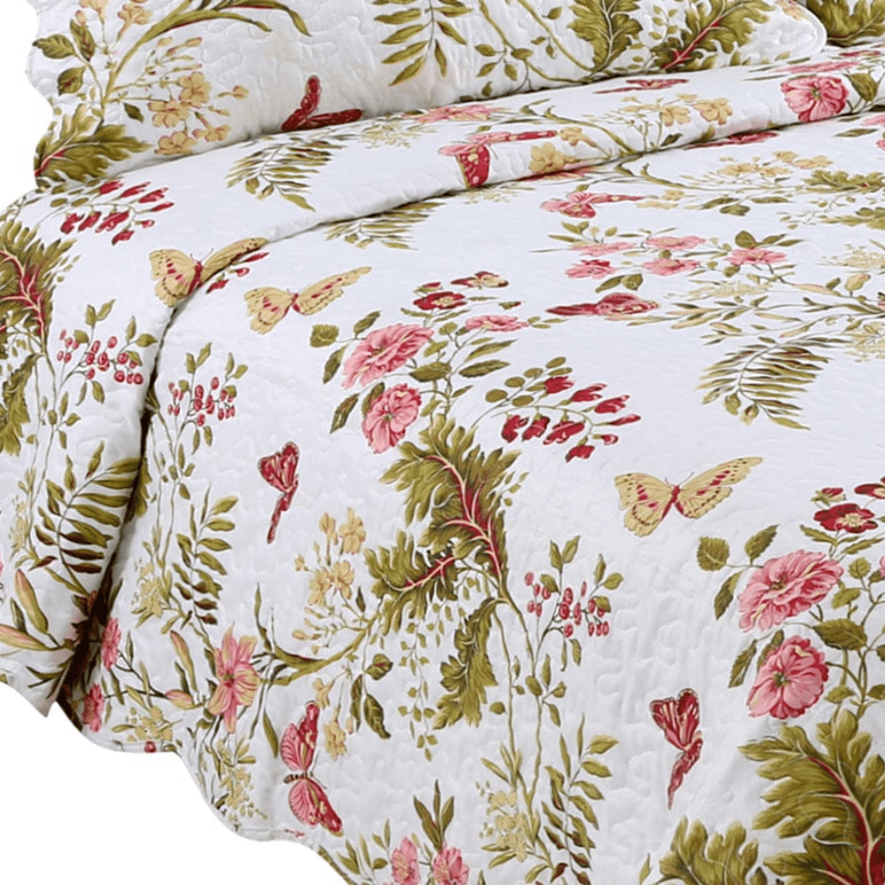 Rich Printed Stitching Coverlet Bedspread Ultra Soft 3 Piece Summer Quilt Set with 2 Quilted Shams, Butterfly and Flower Pattern Pink Green Red Color