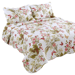 Rich Printed Stitching Coverlet Bedspread Ultra Soft 3 Piece Summer Quilt Set with 2 Quilted Shams, Butterfly and Flower Pattern Pink Green Red Color