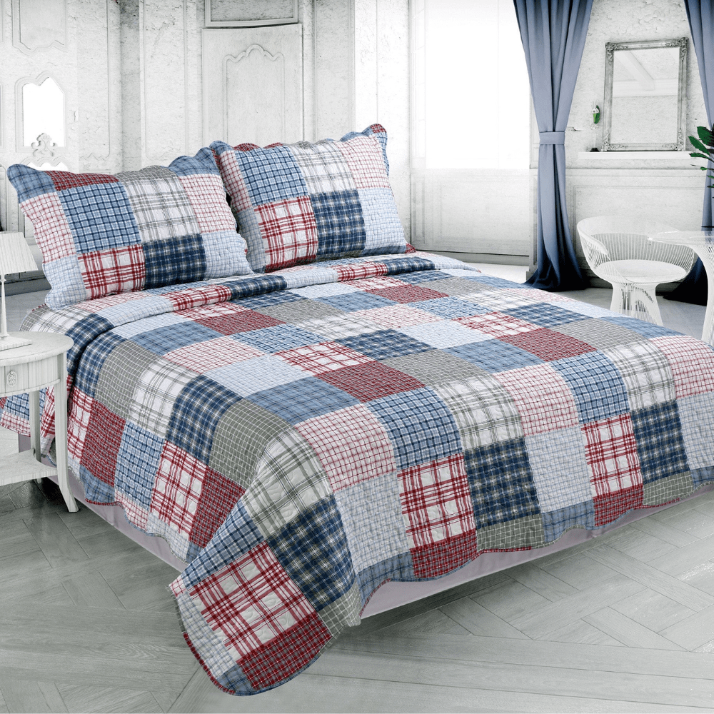 Rich Printed Stitching Coverlet Bedspread Ultra Soft 3 Piece Summer Quilt Set with 2 Quilted Shams, Modern Multi Color Plaid Pattern