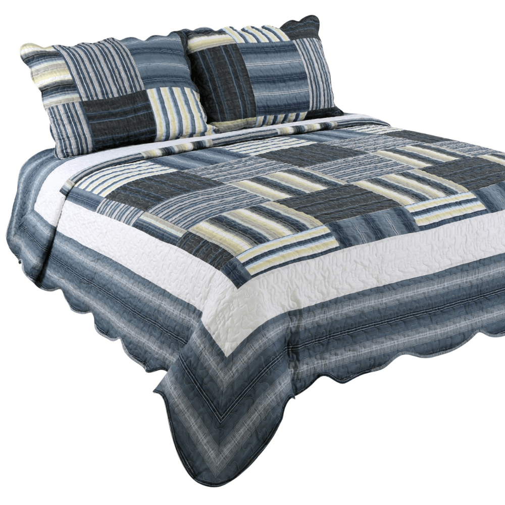 Rich Printed Stitching Coverlet Bedspread Ultra Soft 3 Piece Summer Quilt Set with 2 Quilted Shams, Classic Navy Blue Plaid Pattern