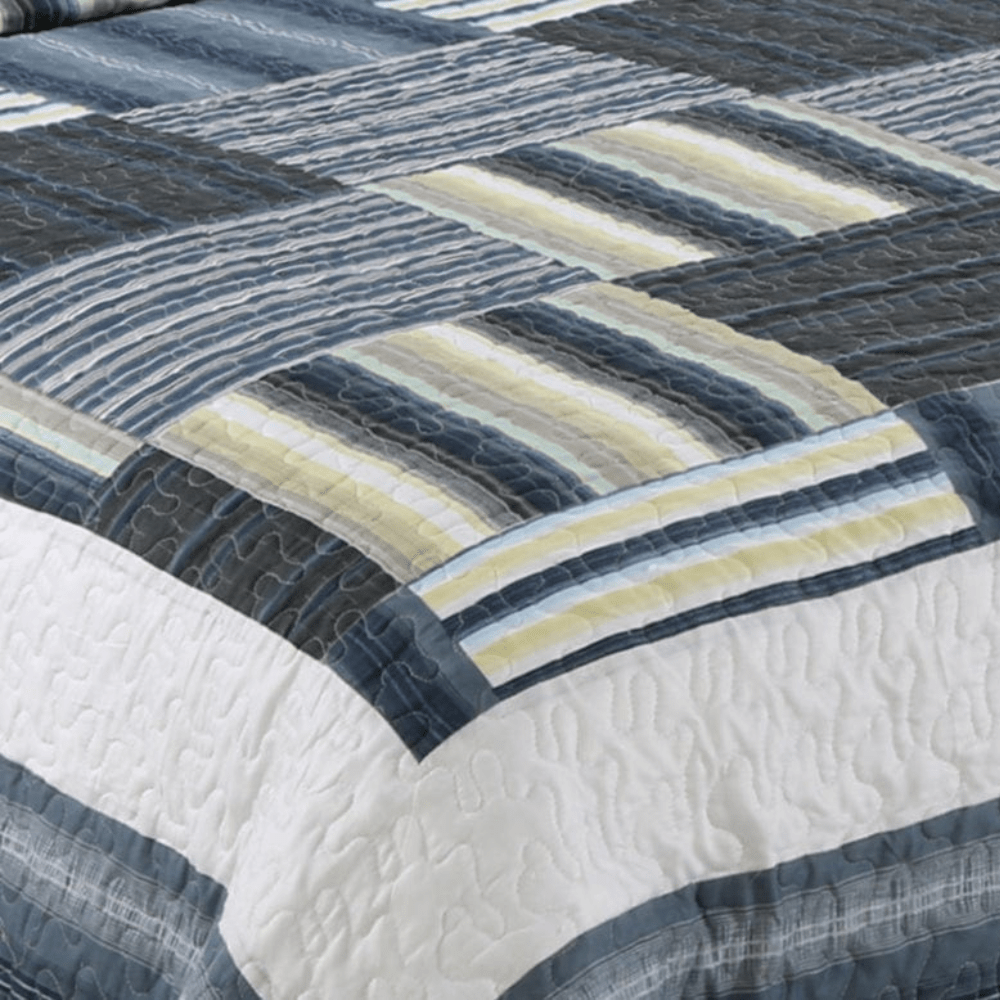 Rich Printed Stitching Coverlet Bedspread Ultra Soft 3 Piece Summer Quilt Set with 2 Quilted Shams, Classic Navy Blue Plaid Pattern