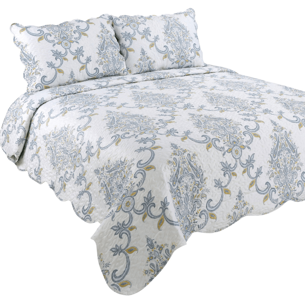 Rich Printed Stitching Coverlet Bedspread Ultra Soft 3 Piece Summer Quilt Set with 2 Quilted Shams, Classic Blue Yellow Paisley Pattern