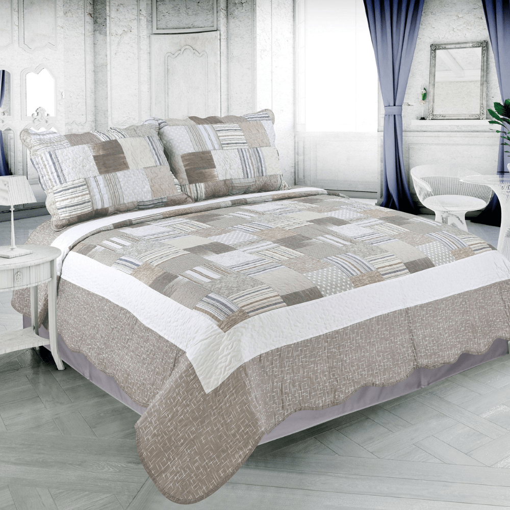 Rich Printed Stitching Coverlet Bedspread Ultra Soft 3 Piece Summer Quilt Set with 2 Quilted Shams, Taupe Modern Plaid Pattern