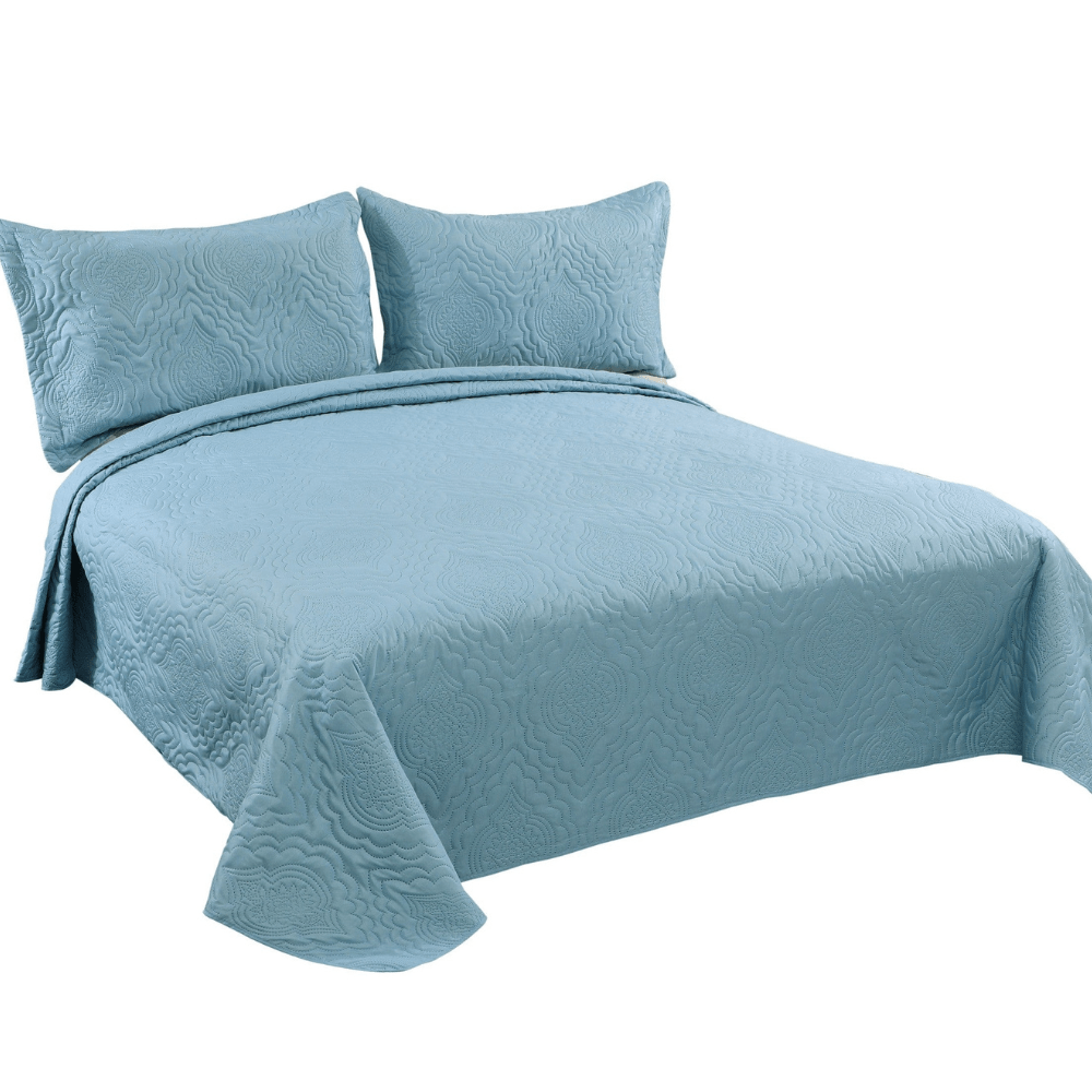 Solid Embossed Pinsonic Coverlet Bedspread Ultra Soft 3 Piece Summer Quilt Set with 2 Quilted Shams, Aqua Color