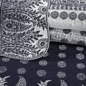 Rich Printed Embossed Pinsonic Coverlet Bedspread Ultra Soft 3 Piece Summer Quilt Set with 2 Quilted Shams, Navy Branches Paisley Pattern