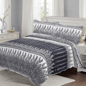 Rich Printed Embossed Pinsonic Coverlet Bedspread Ultra Soft 3 Piece Summer Quilt Set with 2 Quilted Shams, Navy Branches Paisley Pattern