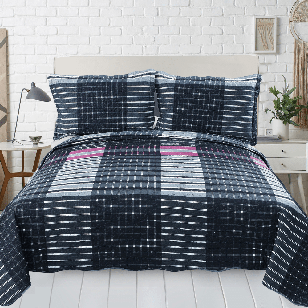 Rich Printed Embossed Pinsonic Coverlet Bedspread Ultra Soft 3 Piece Summer Quilt Set with 2 Quilted Shams, Modern Striped Tartan Pattern
