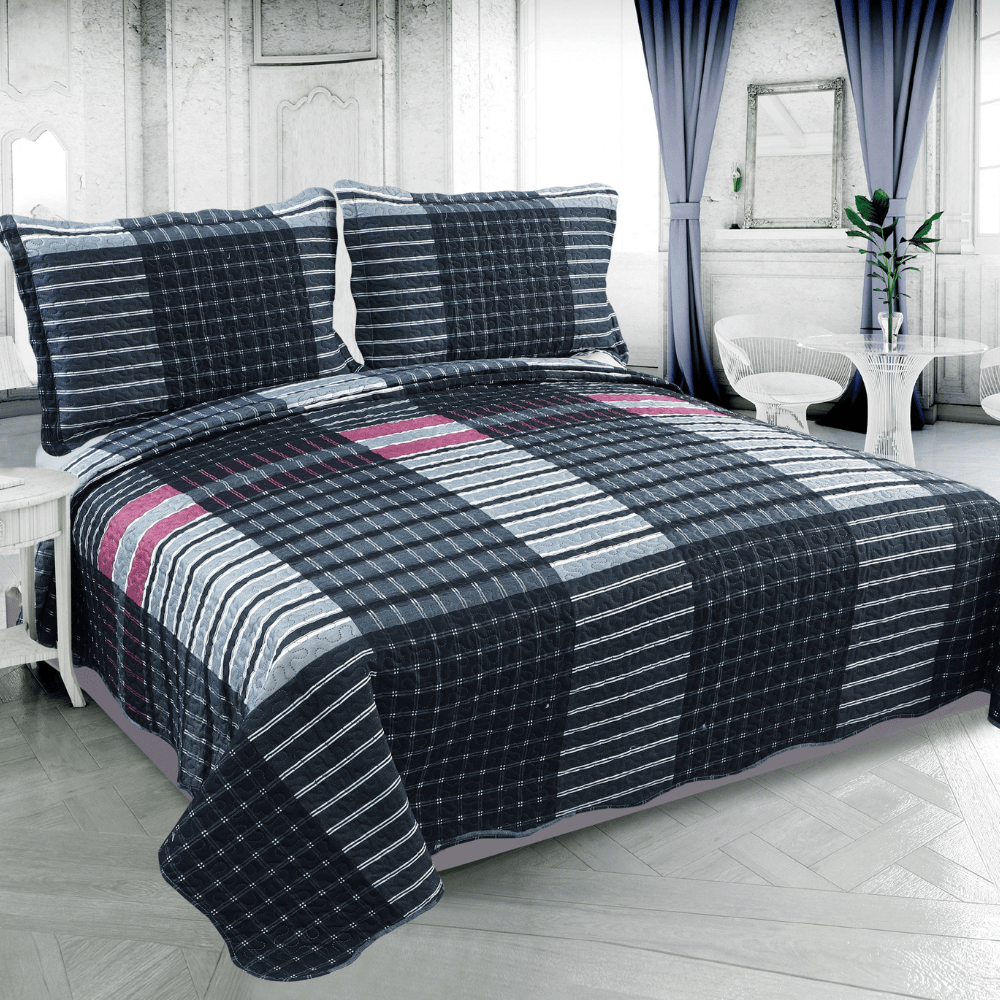 Rich Printed Embossed Pinsonic Coverlet Bedspread Ultra Soft 3 Piece Summer Quilt Set with 2 Quilted Shams, Modern Striped Tartan Pattern