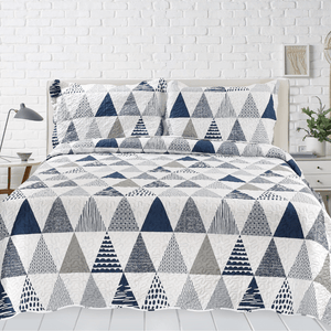 Rich Printed Embossed Pinsonic Coverlet Bedspread Ultra Soft 3 Piece Summer Quilt Set with 2 Quilted Shams, Modern Geometric Triangle Pattern