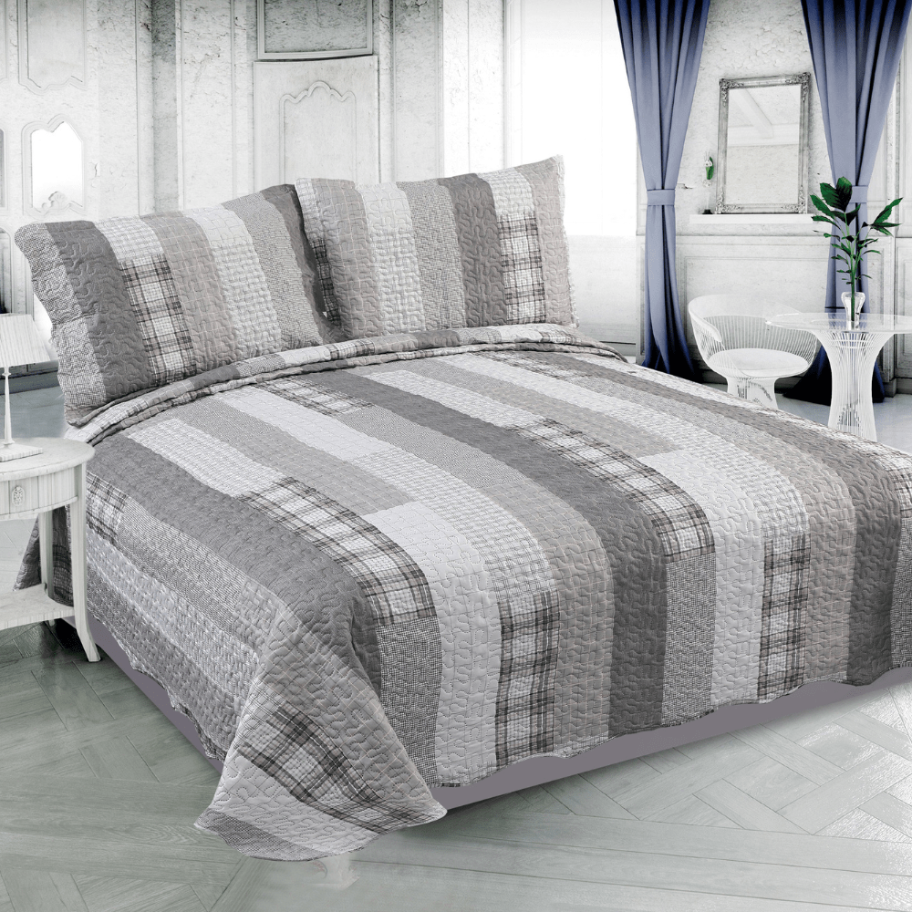 Rich Printed Embossed Pinsonic Coverlet Bedspread Ultra Soft 3 Piece Summer Quilt Set with 2 Quilted Shams, Modern Grey Striped Pattern