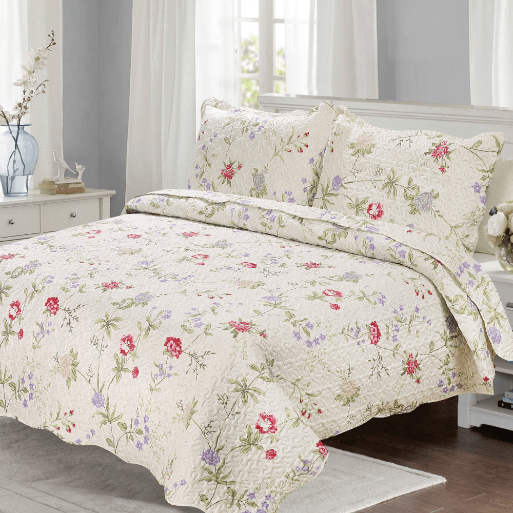 Rich Printed Embossed Pinsonic Coverlet Bedspread Ultra Soft 3 Piece Summer Quilt Set with 2 Quilted Shams, Light Floral Pattern Pink Green Red Purple Cream Pattern