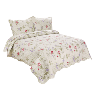 Rich Printed Embossed Pinsonic Coverlet Bedspread Ultra Soft 3 Piece Summer Quilt Set with 2 Quilted Shams, Light Floral Pattern Pink Green Red Purple Cream Pattern